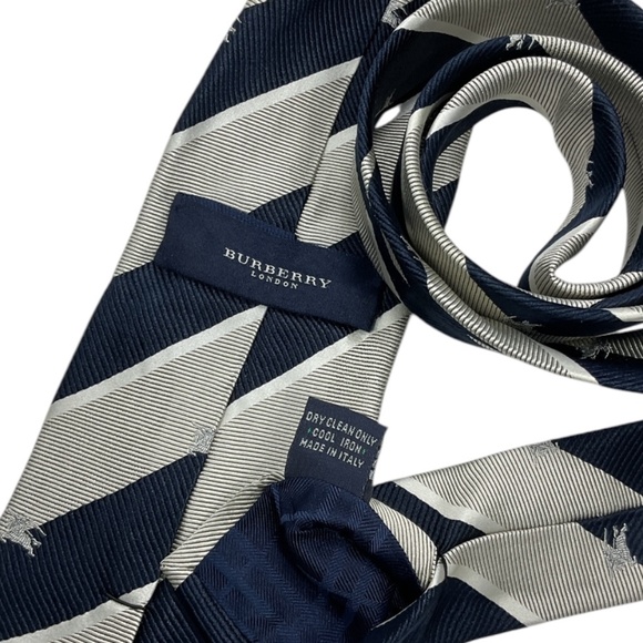 BURBERRY Navy/Gray Striped Monogram Logo Silk LUXURY Tie ITALY - Picture 3 of 5